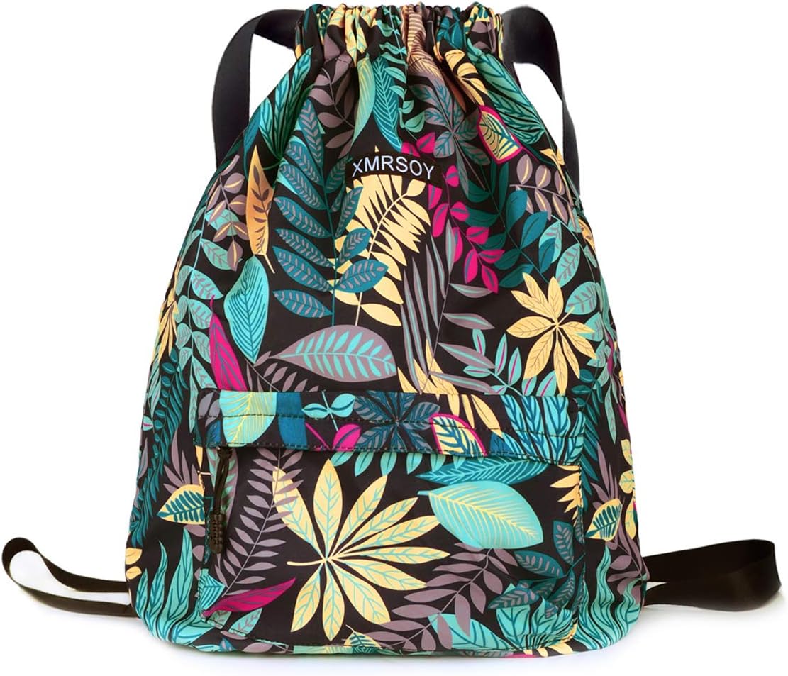 Gym Drawstring Backpack Water Resistant String Bag Nylon Cinch Sport Bag Leaf Sackpack