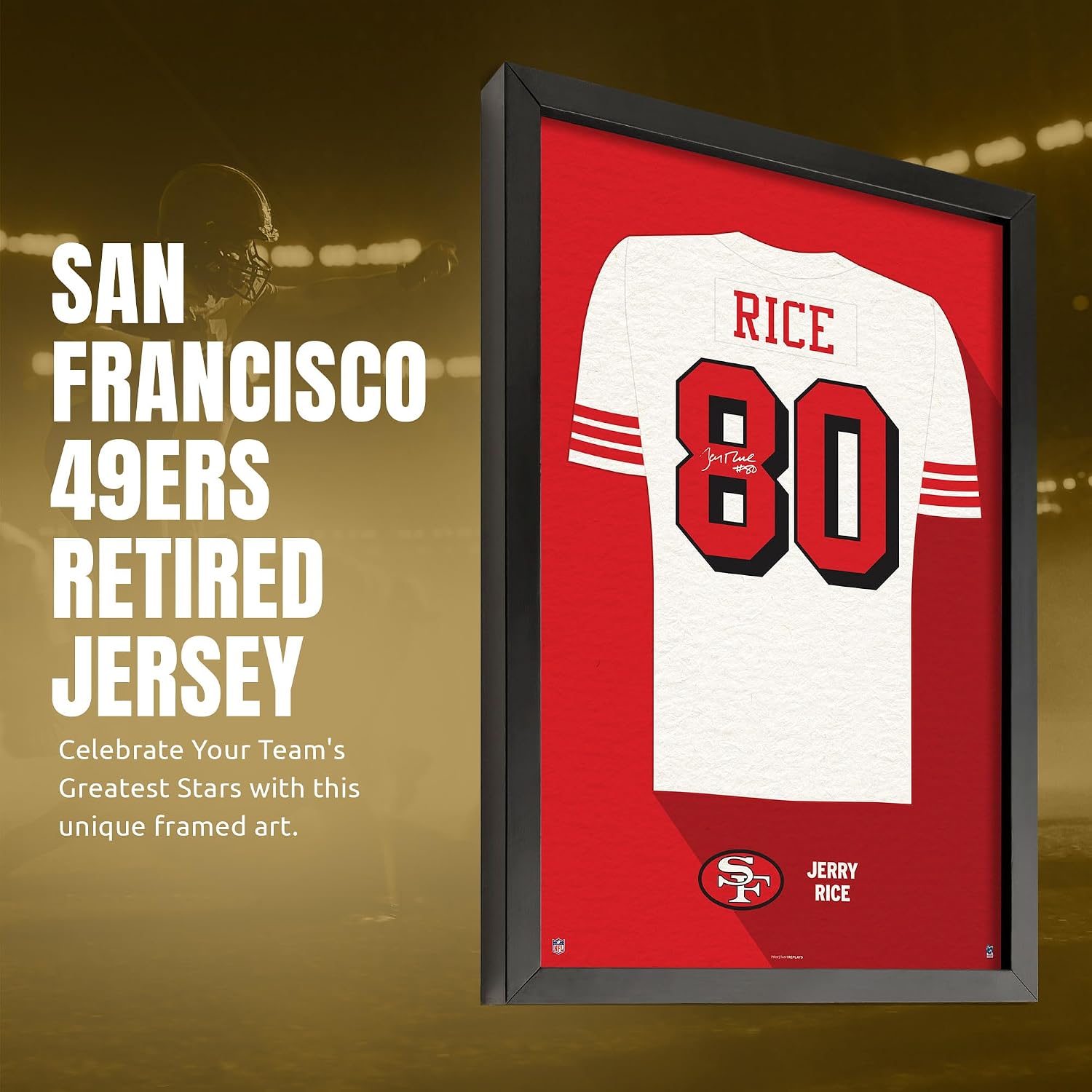 Sporticulture NFL American Football San Francisco 49ers - Jerry Rice Jersey Print Framed Wall Art Picture Poster for Boys Bedroom and Man Cave Decor - Ready to Hang, White 14"x 20", Small