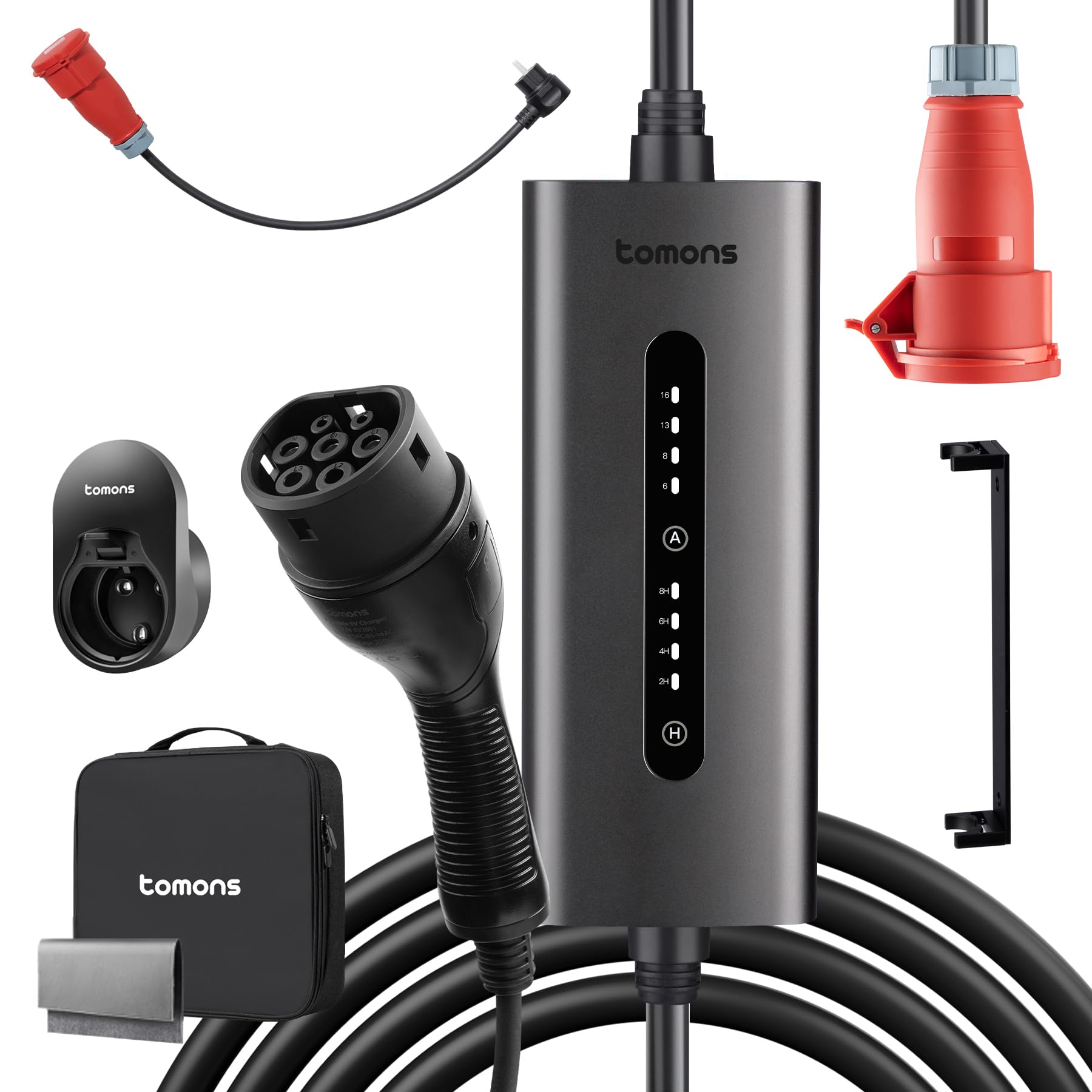 tomons 11kW Mobiles Wandladegerät, 3-Phasen | 7M | 6-16A, Typ 2 Kabel mit CEE-Stecker, EV-Ladegerät, Strom einstellbar, zeitgesteuertes Laden, Kompatibel mit Allen EVs mit IEC 62196-2 Stecker