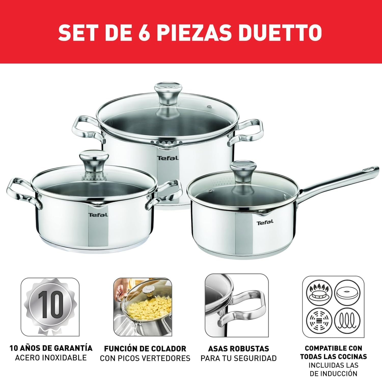 Tefal Duetto On - Juego de 2 Ollas 20/24 cm + Cacerola 16 cm + 3 tapas de cristal, Apto inducción, Acero inoxidable 18/10, 10 años de garantía, Base 3 capas, Marcas de medición