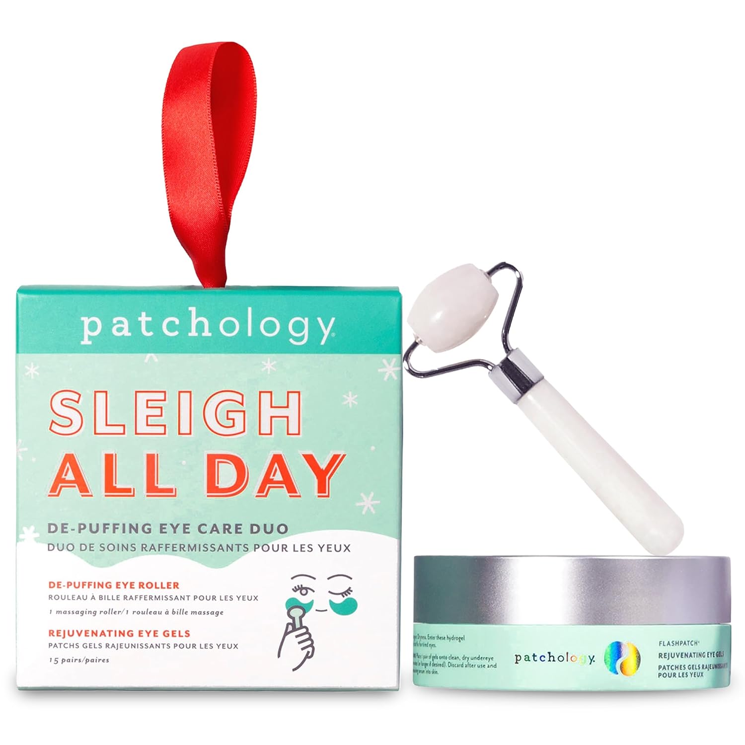 Patchology Gift Set - Depuffing Under Eye Masks & Facial Roller Duo – Caffeine & Hyaluronic Acid Collagen Under Eye Patches for Puffy Eyes, Dark Circles & Wrinkles, Holiday Gift Skincare - 15 Pair Jar