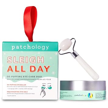 Patchology Gift Set - Depuffing Under Eye Masks & Facial Roller Duo Caffeine & Hyaluronic Acid Collagen Under Eye Patches for Puffy Eyes, Dark Circles & Wrinkles, Holiday Gift Skincare - 15 Pair Jar