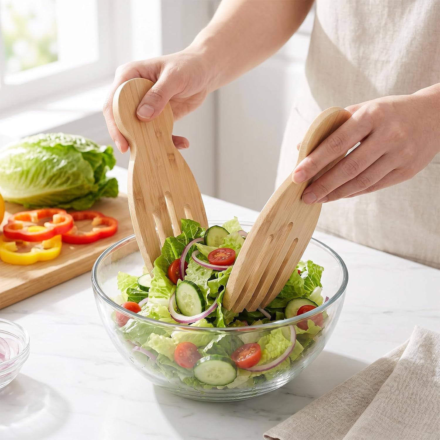 JJUNW 2 Pcs Salad Hands, Wooden Salad Serving Utensils With Bowl-Grip Knob, Salads Servers Salads Fingers Tosser For Mixing And Serving, Kitchen Gift