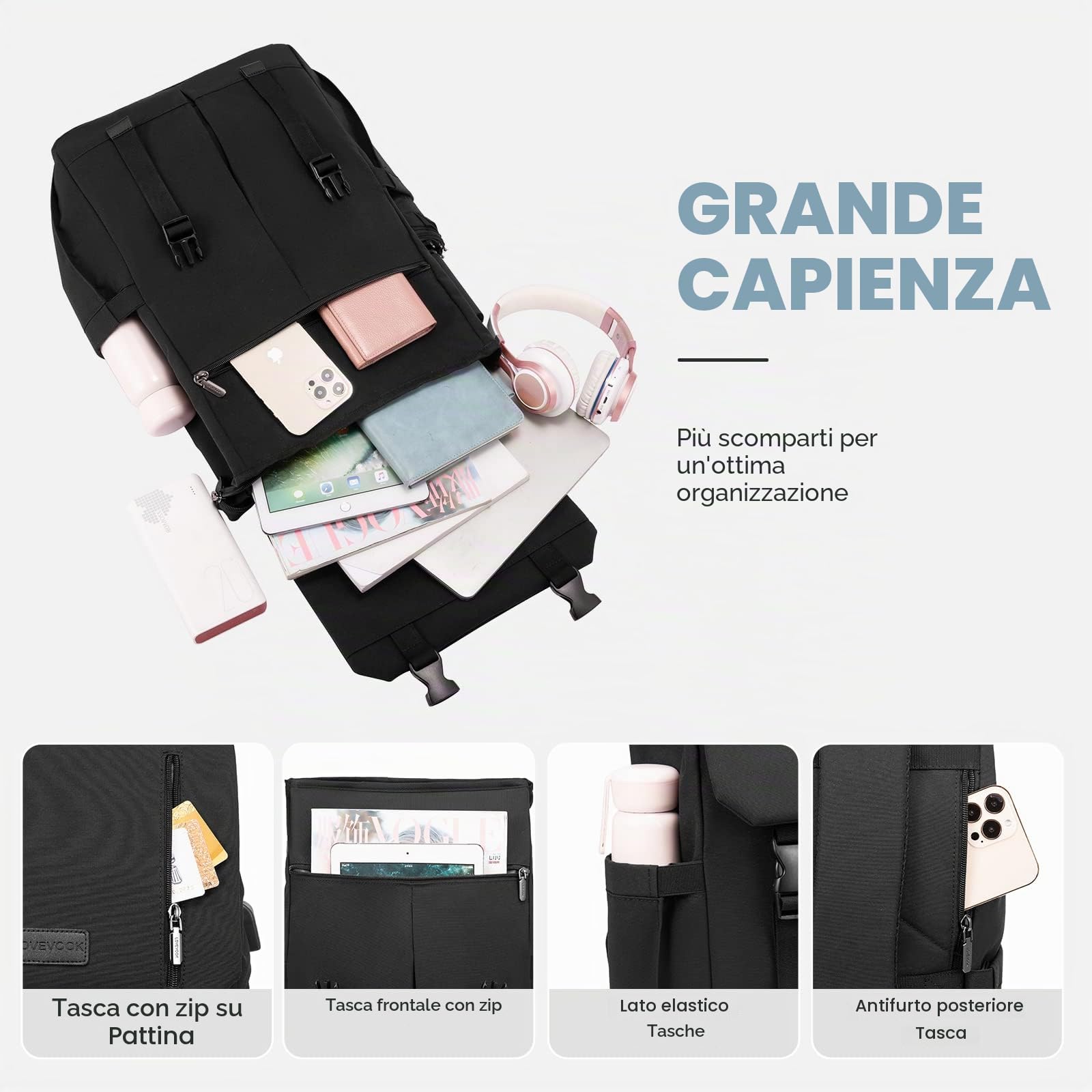 LOVEVOOK Zaino Donna Uomo Borsa Porta PC 15.6 Pollici Zainetto con USB per Scuola Media Superiore Antifurto Zaini Scolastici Impermeabile Laptop Backpack per Università Viaggi Ufficio