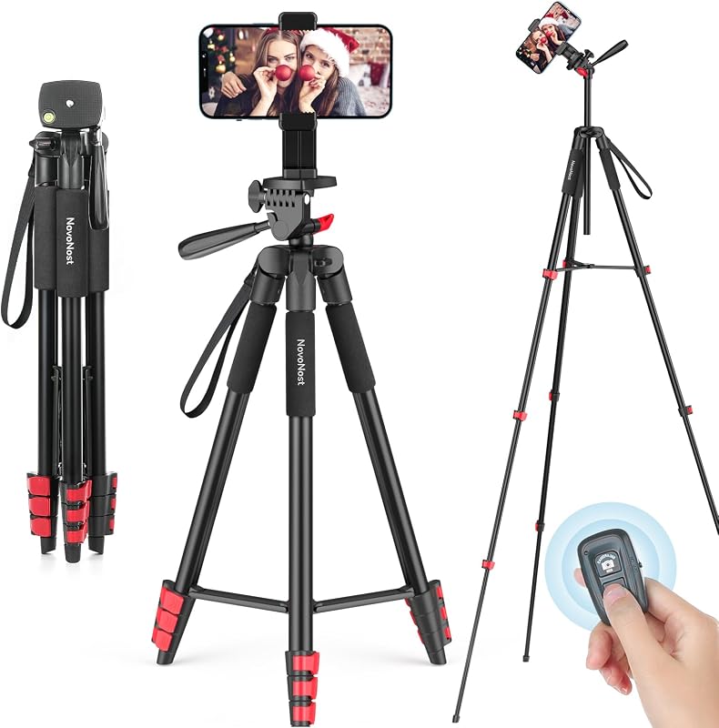 65" Phone Tripod Stand for iPhone Camera Wireless Remote & Holder | 574g Ultra-Lightweight 65" Height. Max Load 4.4lb. 360° Pan Head for Vlogging. Includes Bluetooth Remote & Tripod Carry Bag