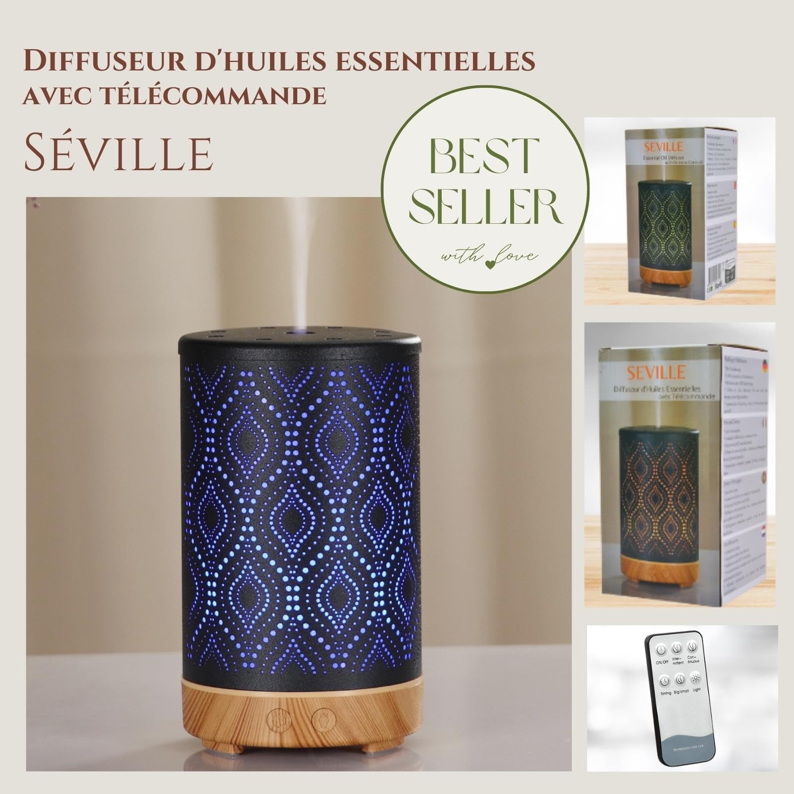 Zen'Arôme Difusor ultrasónico de aromaterapia Sevilla, difusor de Aceite Esencial en frío, difusor eléctrico con Control Remoto, iluminación LED Personalizable, Carcasa de Metal con diseño Original