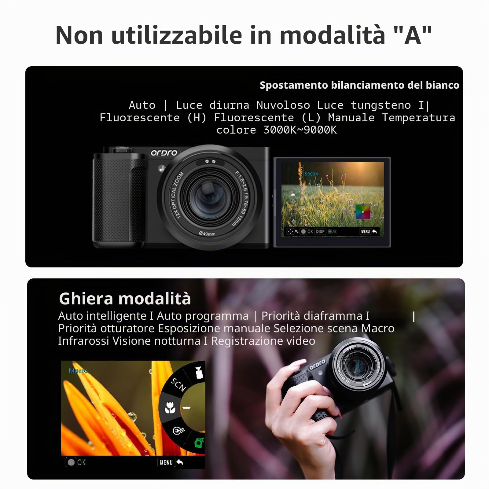 ORDRO G730 - Fotocamera mirrorless con video 5K, AF/MF, zoom ottico 12X, 3,2 pollici con schermo vari-angolo mirrorless fotocamera digitale con scheda SD da 64 GB (Standard Bundle, Bianco)