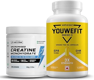 Creatine with Omega 3 Capsules Triple Strength (Creatine 100g Unflavoured & 60 Capsules Omega) | 1250mg Triple Strength | EPA + DHA | Enhanced Muscle Strength |