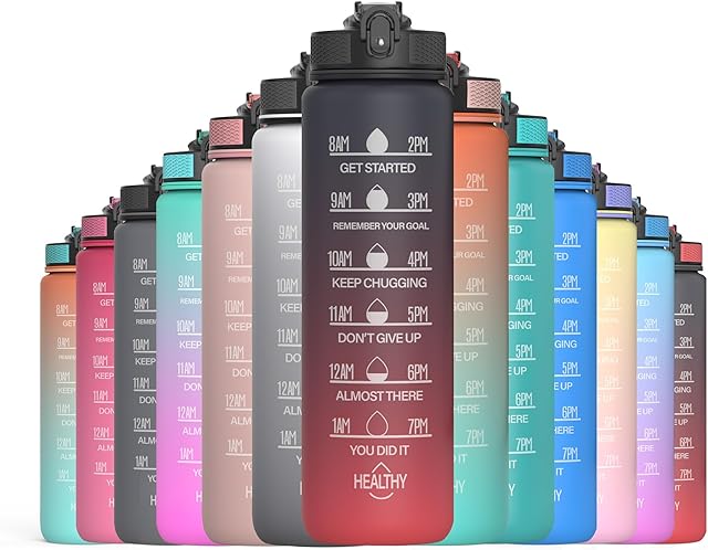 HOMEEX 1 Litre Motivational Fitness Sport Water Bottles with Straw & Time Maker, Leak-proof, BPA-free Plastic Drink Bottle 1l Design for Girls, Boy Running,cycling (Black and red)