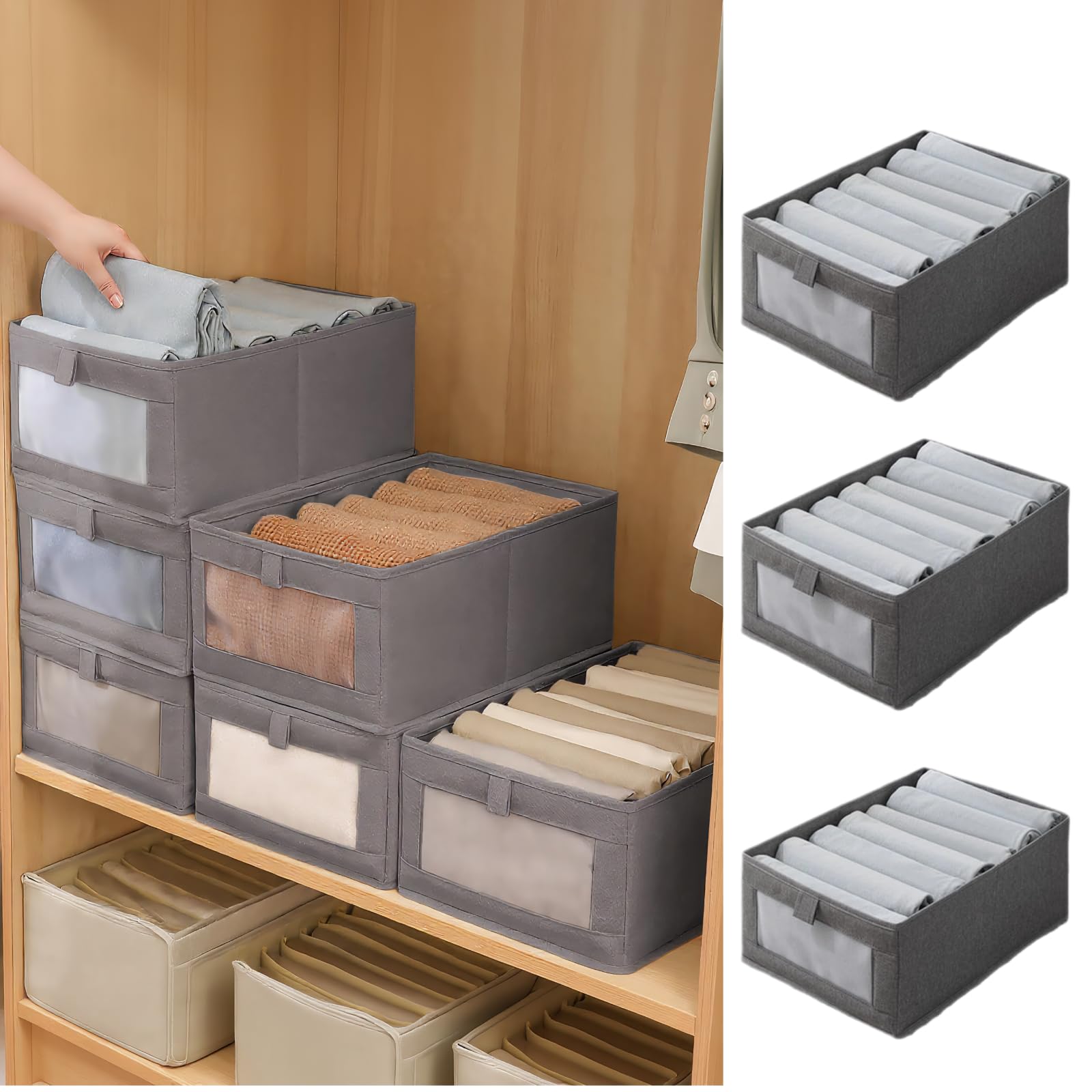 Braozaiw 3Pcs Wardrobe Storage Organiser with Clear Window - Foldable Fabric Boxes for Underwear, Socks, Clothing (Gray, Size S 35 * 20 * 15)