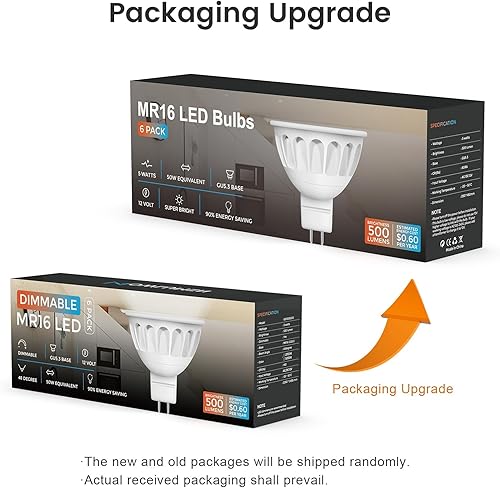 Miniatura 9 de WOWLUMEN Bombilla LED MR16 regulable, paquete de 6 unidades, reemplazo halógeno de 50 W, 2700 K blanco cálido GU5.3 base de bi-pines, ángulo de haz