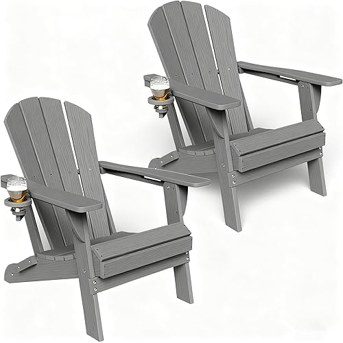 GLANC Folding Adirondack Chair Set of 2, HDPE All-Weather Outdoor Patio Fire Pit Chairs Lawn Chair for Poolside Backyard Deck Balcony, Wooden Textured with Cup Holder, 380LBS Capacity (Grey)
