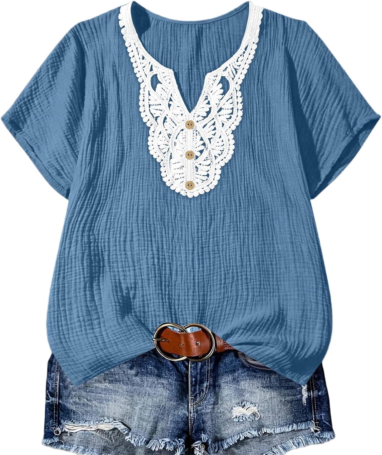 Womens Short Sleeve Tops Boho V Neck Lace Summer Shirts Dressy Casual Loose Fit Blouses Summer Trendy Beach Clothes