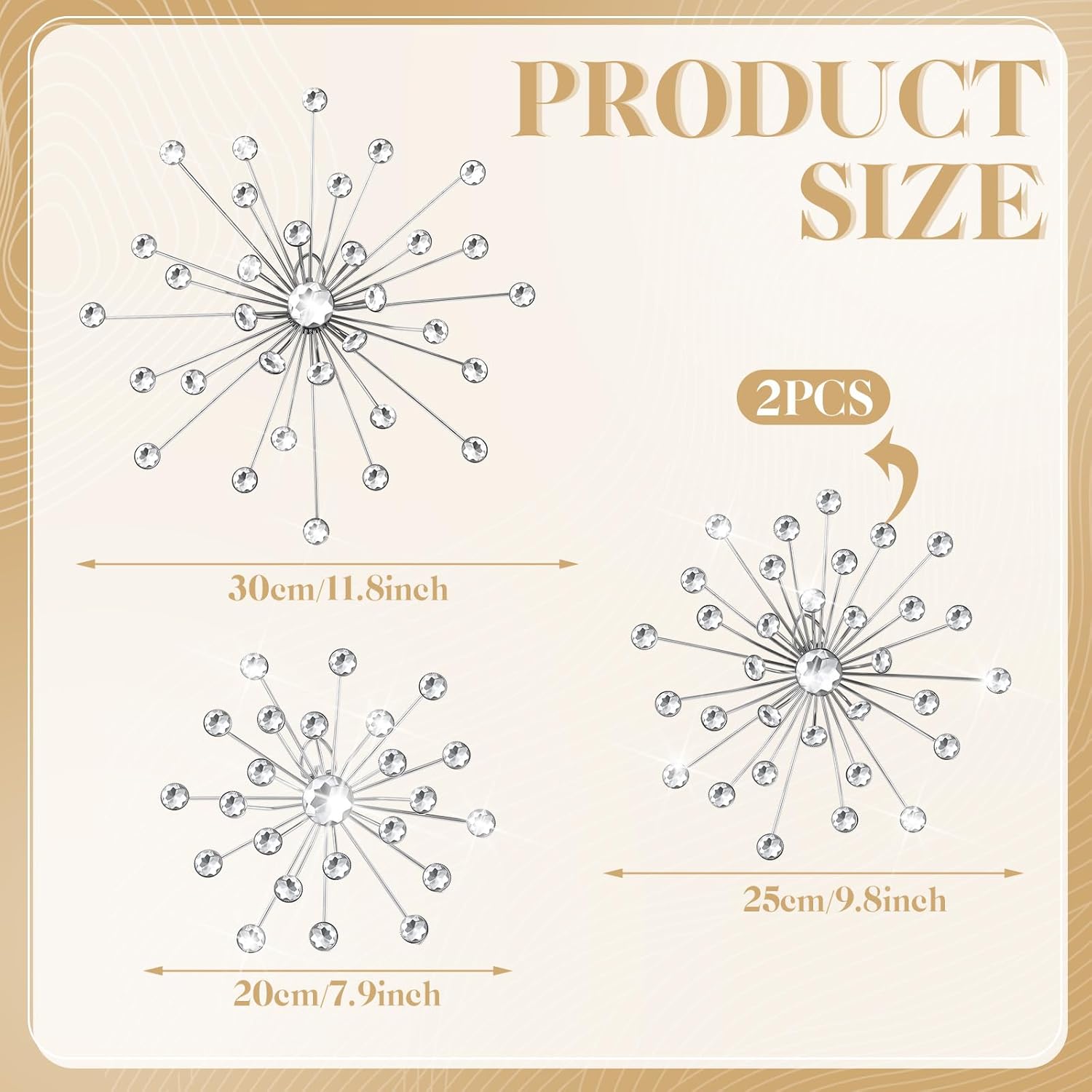 Funnymoom 4 Pcs Starburst Wall Decor Bling Crystal Wall Art Rhinestones Sunburst Home Decorative Bling Hanging Diamond Accents Metal Gold Decor Art for Living Room Bedroom Entryway Office (Silver)
