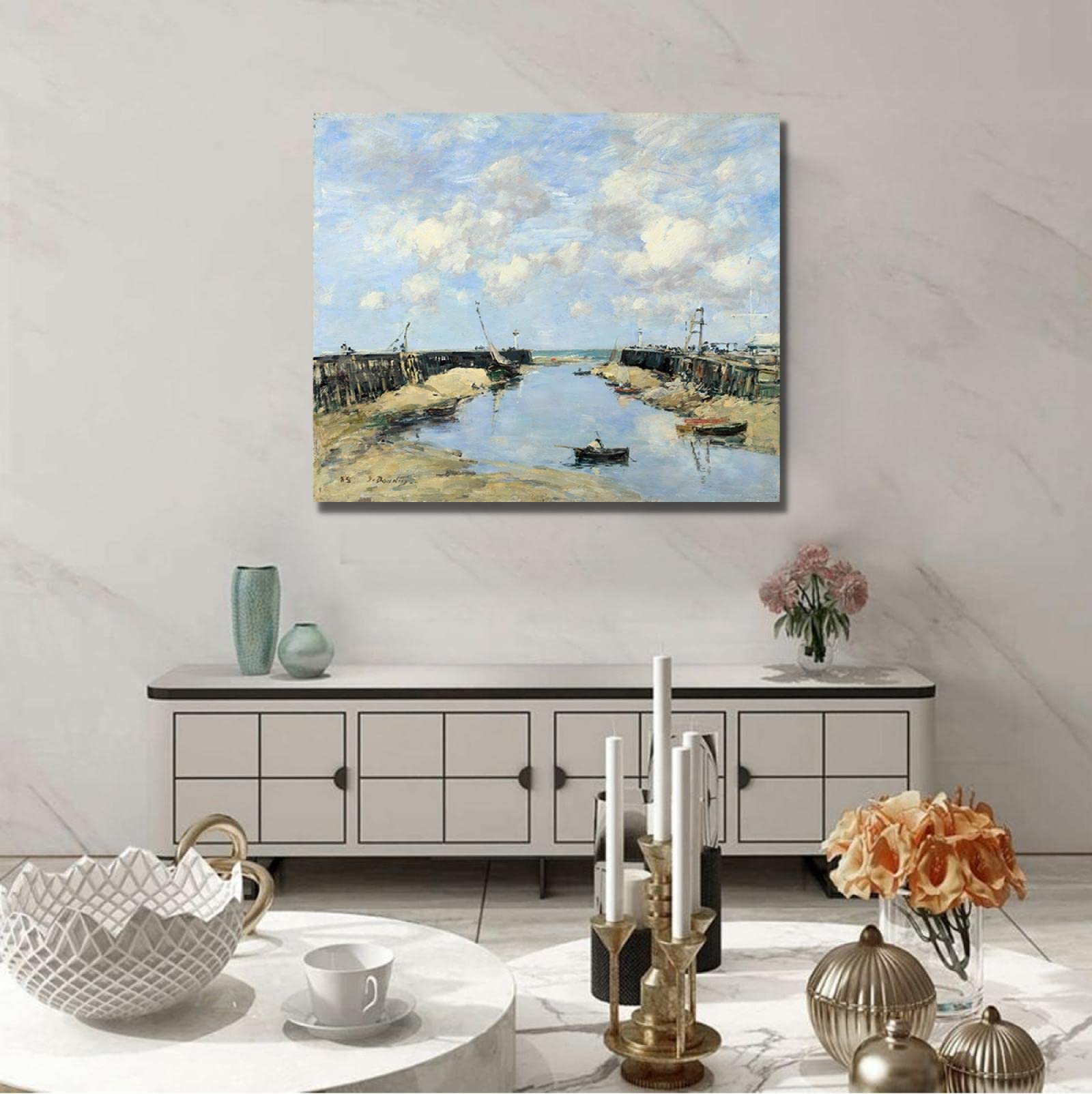 港の風景 油彩画 装飾フレーム付き Amazon.co.jp: 画家ユージーン・ブーダンによる水色の港の風景画