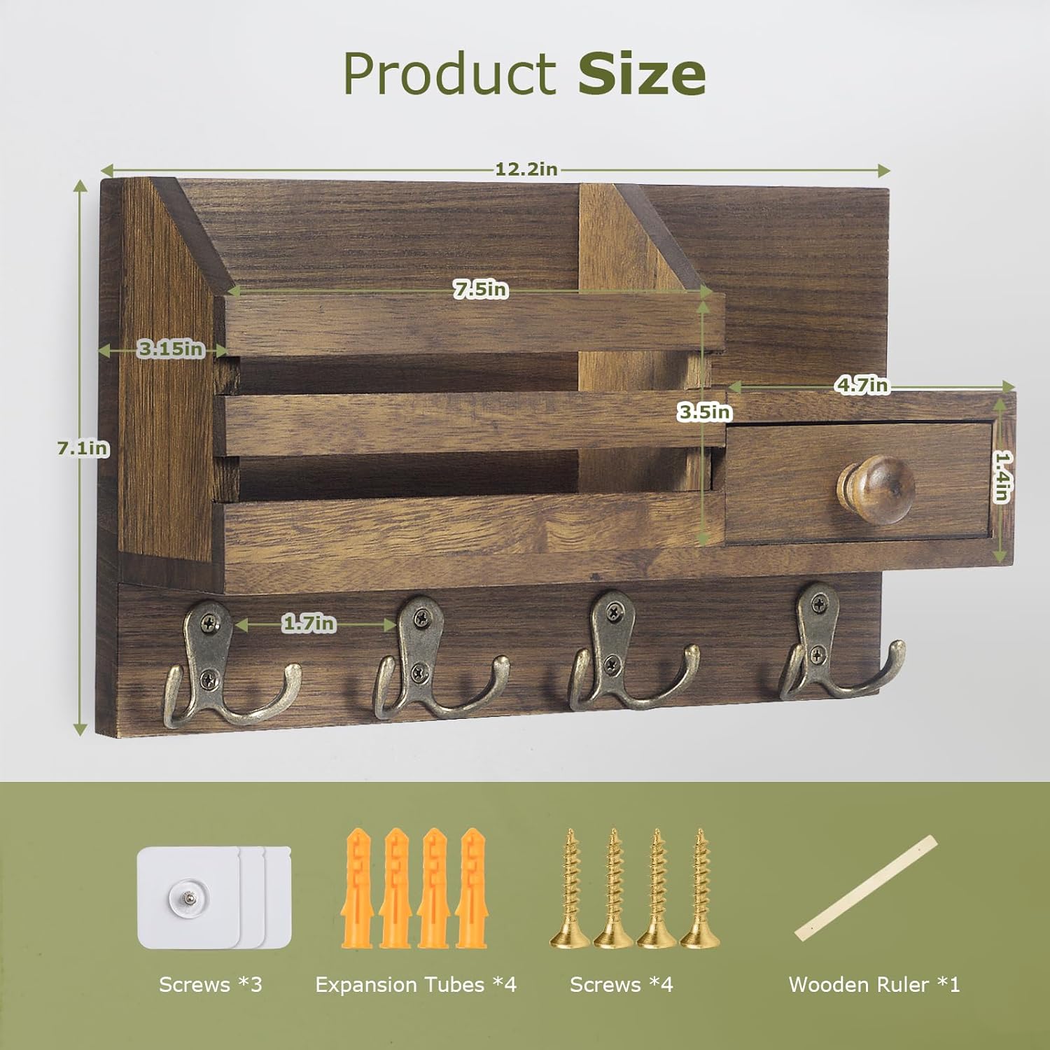 Key Holder Wall Mount, Wooden Adhesive Mail and Key Organizer with Drawer, Small Shelf, 8 Hooks, 2 Installation Methods, Brown