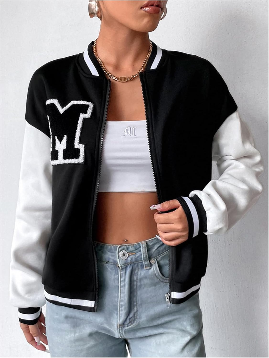 SweatyRocks Women's Varsity Jacket Letter Graphic Zip Up Long Sleeve Bomber Jackets Baseball Uniform Coats Streetwear - Image 3
