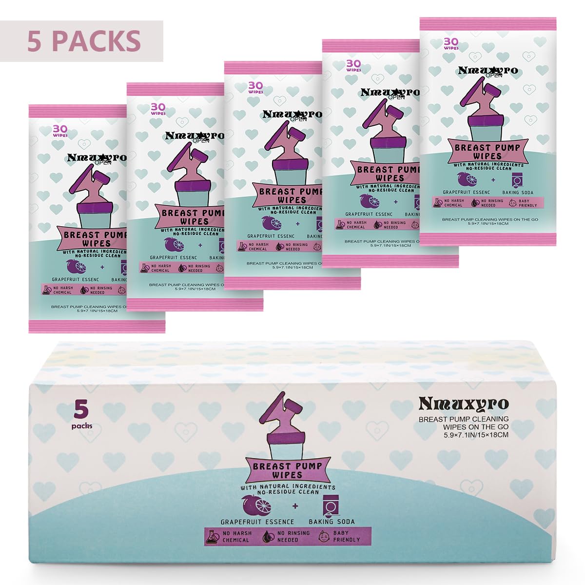 Toallitas para extractor de leche de limpieza rápida, toallitas de limpieza naturales sobre la marcha, toallitas manuales resellables para chupete, suministros de lactancia, 30 unidades (paquete de 5)