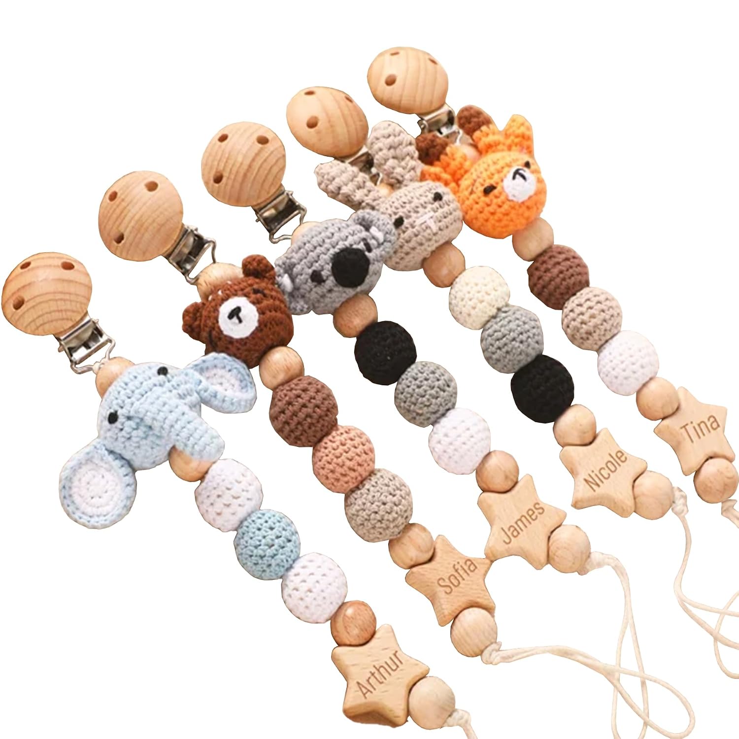 Personalized Pacifier Clip, Custom Engraved Name Pacifier Chain Holder Baby Shower Animal Pacifier Stroller Clip Fits All Pacifiers Gift for Newborn
