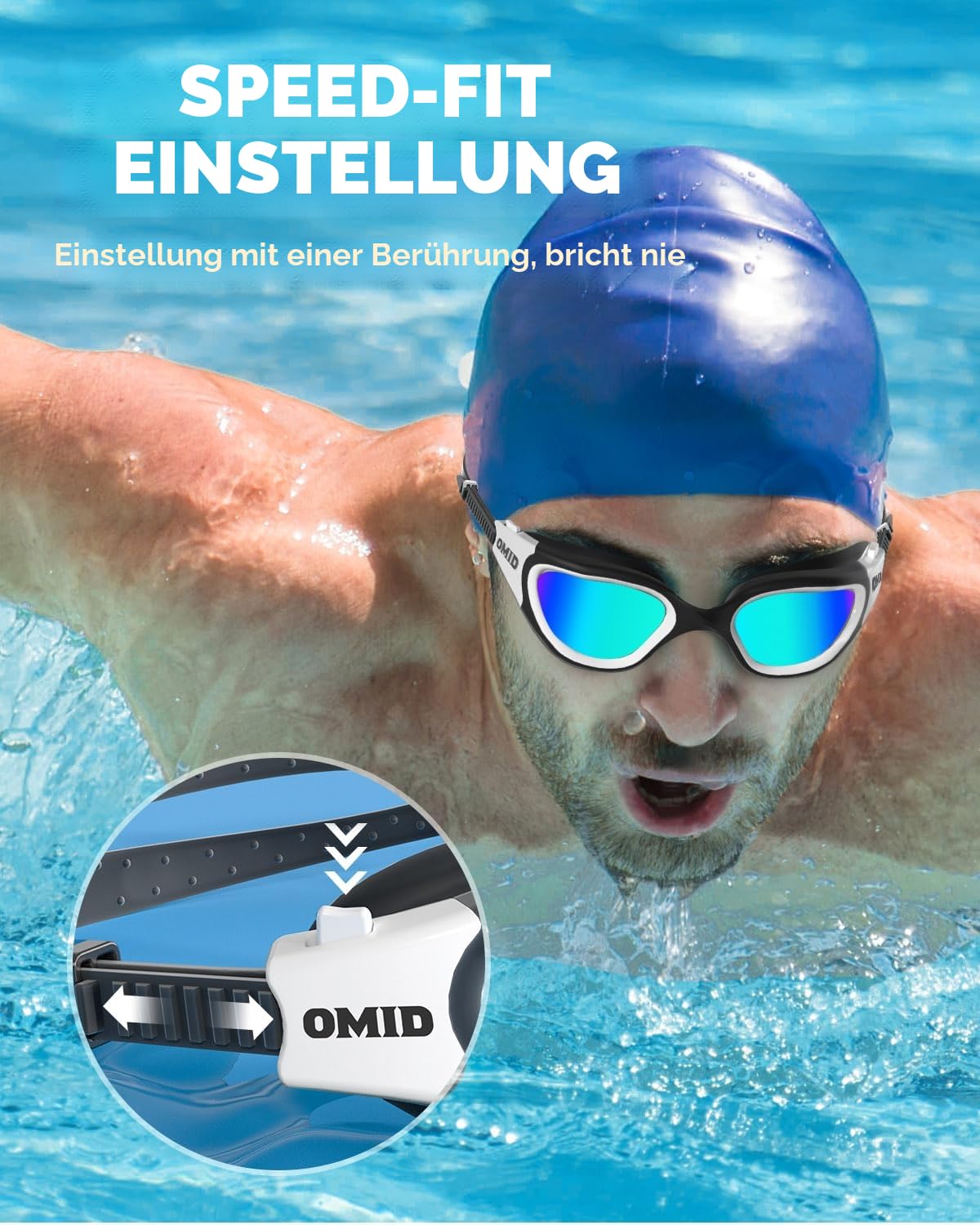 OMID Schwimmbrille, bequeme, polarisierte Schwimmbrille, beschlagfrei, auslaufsicher, UV-Schutz, kristallklare Sicht, Schwimmbrille für Herren, Damen, Erwachsene
