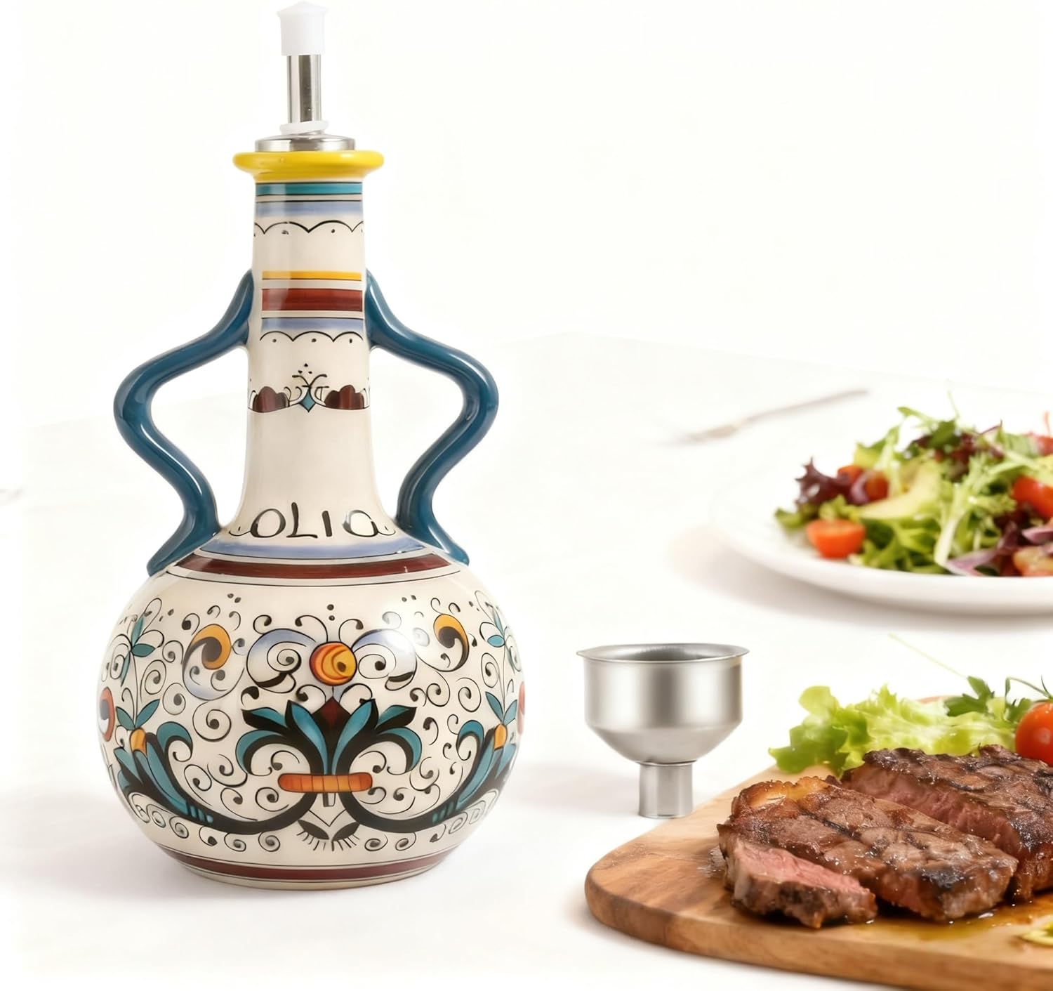 Ceramic Olive Oil Dispenser Bottle 23oz, Large Olive Oil Container for Kitchen, Oil & Vinegar Cruet with Stainless Steel Spout, Ceramic Oil Dispenser with Handle, Drip-Free Cooking Cruet (B)