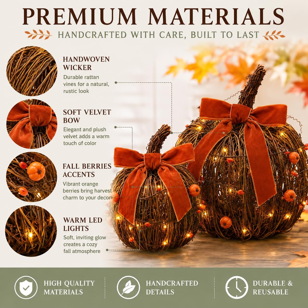 2 Pack Lighted Fall Pumpkin Decor Wicker Rattan Pumpkins for Table | Vintage Fall Centerpieces for Tables Thanksgiving Farmhouse Mantel Entryway