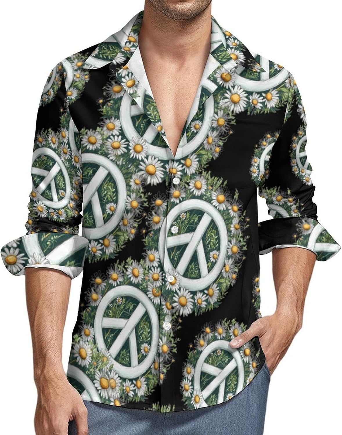 Daisy Peace Sign Flower Long Sleeve Shirts Casual Dress Shirt Button-down T-shirts for Men