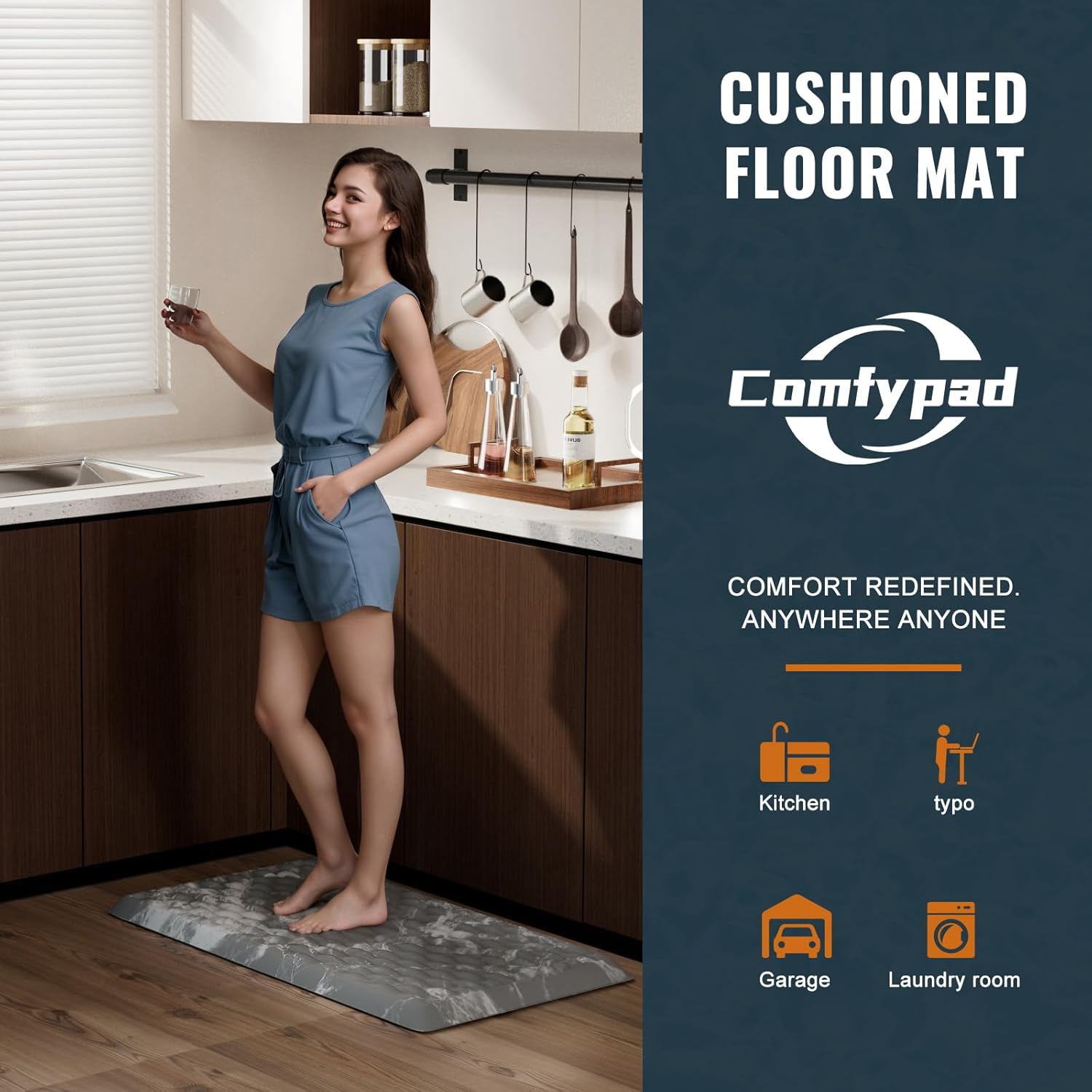 5/6 Inch Thick Anti-Fatigue Floor Mat,Ergonomic Office Standing Desk Mat, Kitchen Rug - Comfort & Durable Foam, Water Absorbing, Cushioned Non-Slip Bottom (19" x 32", Black Marble Pattern)