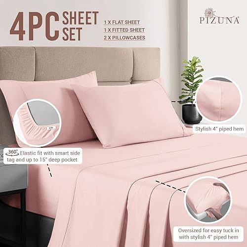 Miniatura 3 de Pizuna Sábanas de algodón puro 100% tamaño Queen, lujosas sábanas de satén de algodón de fibra larga de 400 hilos con bolsillo profundo de 15