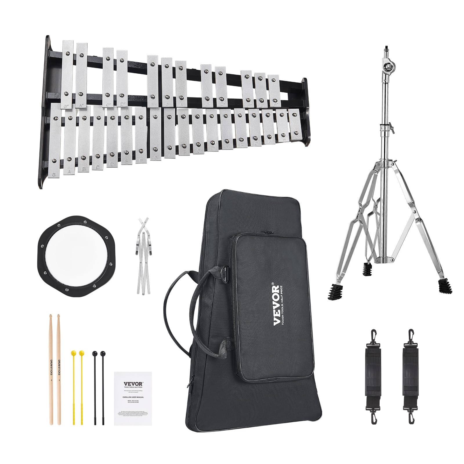 VEVOR Kit Campana Xilofono Glockenspiel a 30 Note, Strumento a Percussione Professionale con Mazze, Bacchette, Leggio, Pad 203 mm, Supporto Regolabile e Borsa per il Trasporto per Studenti e Adulti