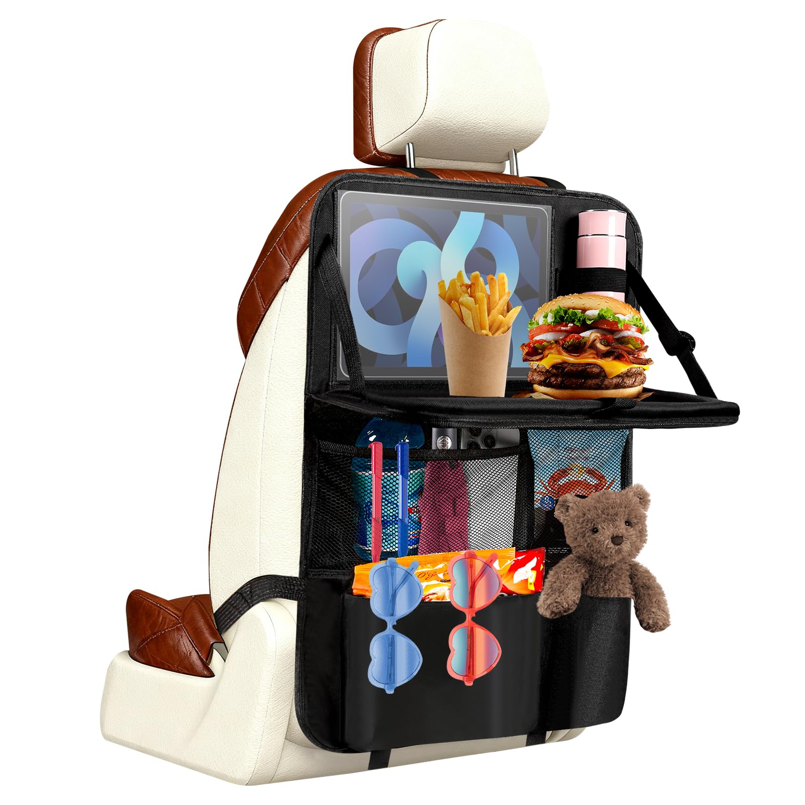 Organizador Asiento Coche con Mesa Plegable, Organizador Coche Niños con Bolsillo & Funda para Tablet, Protector Impermeable Respaldo Asiento, Para Viajes Familiares y Almacenamiento Juguetes