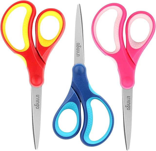 LIVINGO 7" Left and Right Handed School Stationery Scissors, Sharp Stainless Steel Pointed Tip Blades Crafting Shears for Kids Childrens Students Adult Office Craft, Soft Touch, Assorted Color, 3 Pack