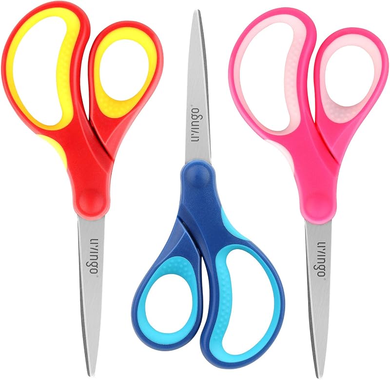 Kids Scissors for School 7" Pointed Tip 3 Pack | Sharp Stainless Steel Blade, Left Right Handed Design, Comfort Grip, Middle School Classroom Projects, Assorted Color