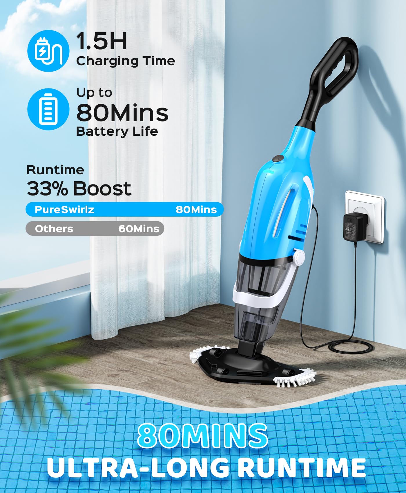 Pool Vacuum for Above Ground Pool with a Telescopic Pole, 80Mins Runtime, Handheld Rechargeable Pool Cleaner with 18.5 Gallons/min Powerful Suction for Above Ground/Inground Pools, Hot Tubs, Spas - 3