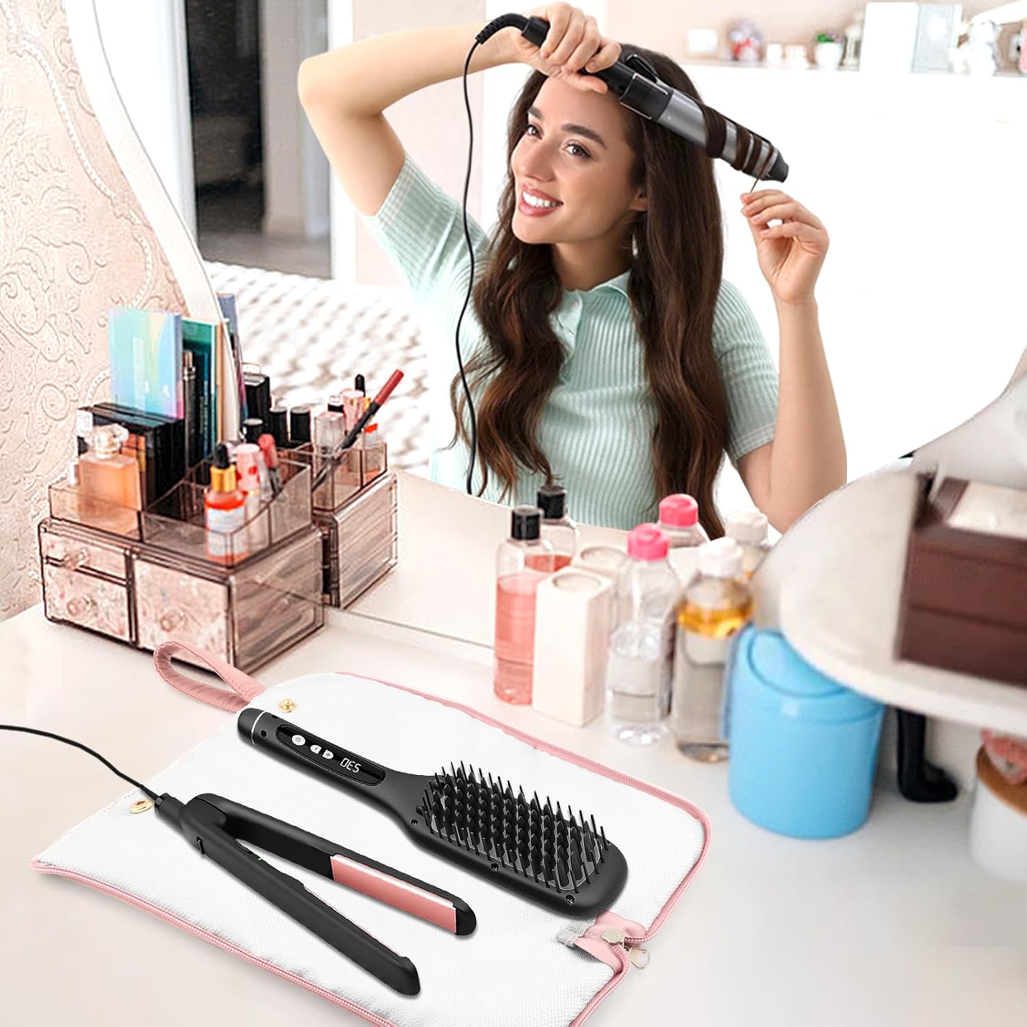 2-in-1 Heat-Resistant Hot Tool Travel Bag & Mat, Hanging Storage Pouch for Curling Iron, Flat Iron, Hair Straightener and Styling Tools (Pink)