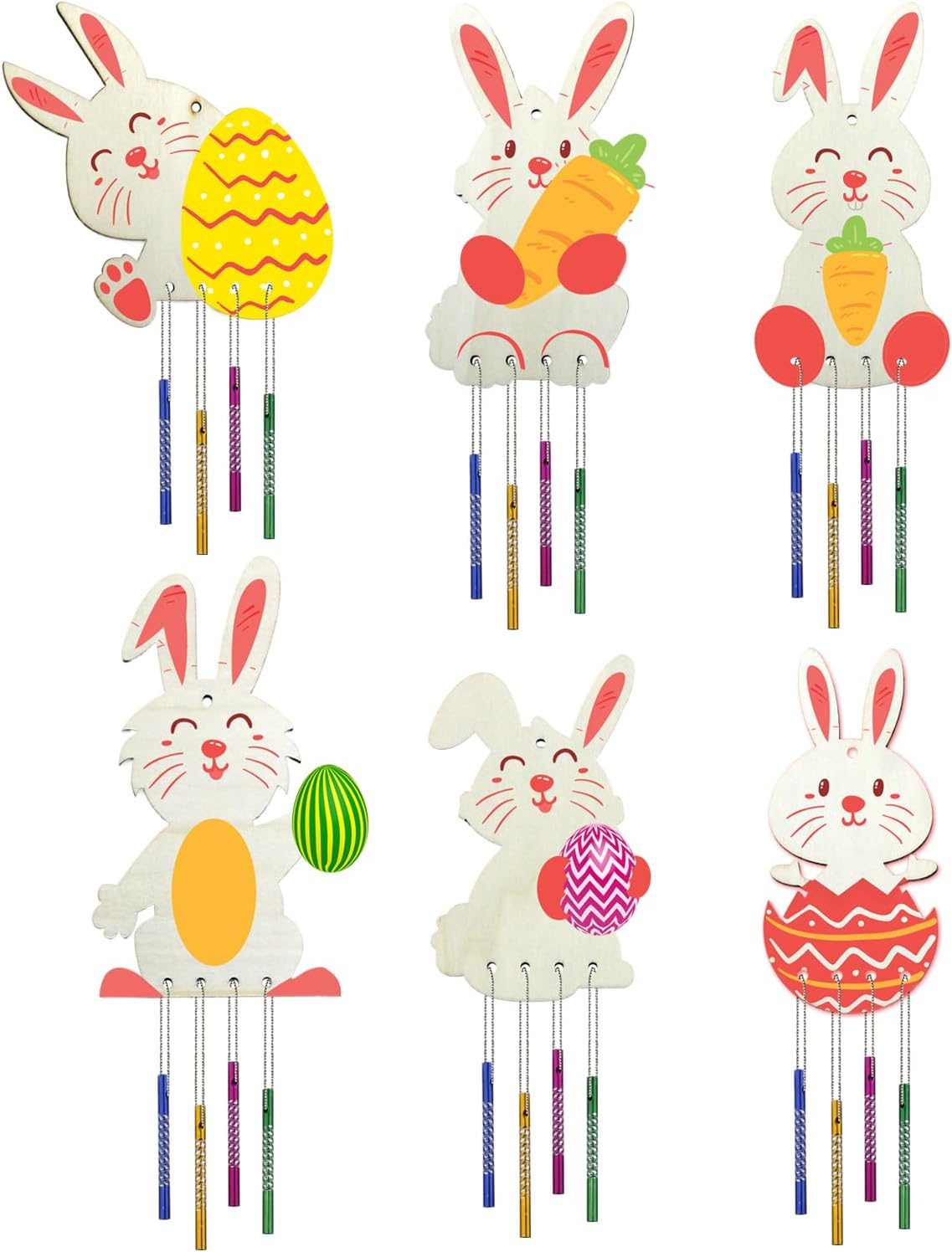 12 Pack Easter Bunny Wind Chime Craft Kit, DIY Wooden Decoration,Kids Coloring Activity