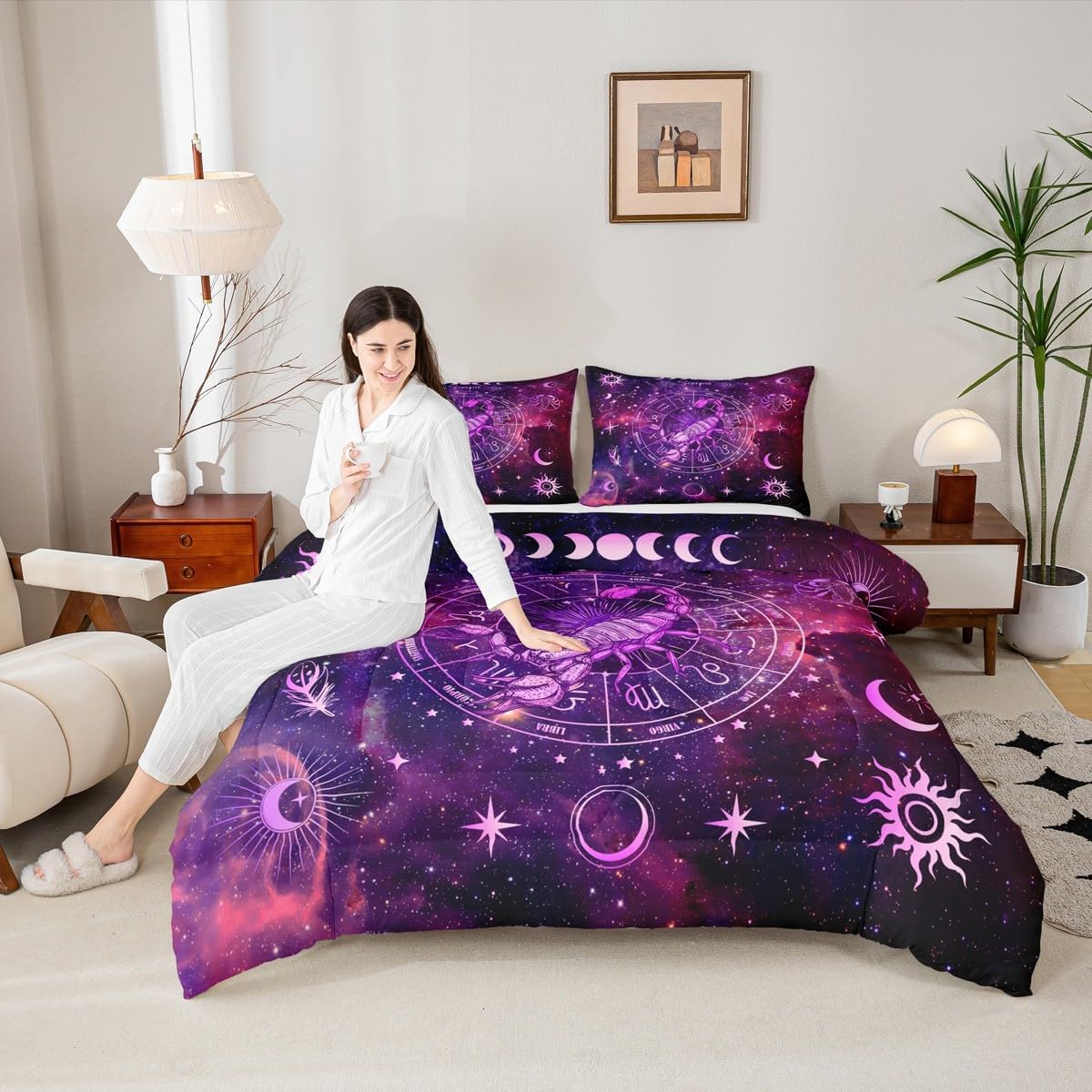 Scorpio Kids Comforter Set Full Size,Sun Moon Starry Sky Galaxy Trippy Bedding Set,Girls Boys Adults Room Decor,12 Constellations Astrology Zodiac Down Comforter,Purple Duvet Insert,2 Pillowcases