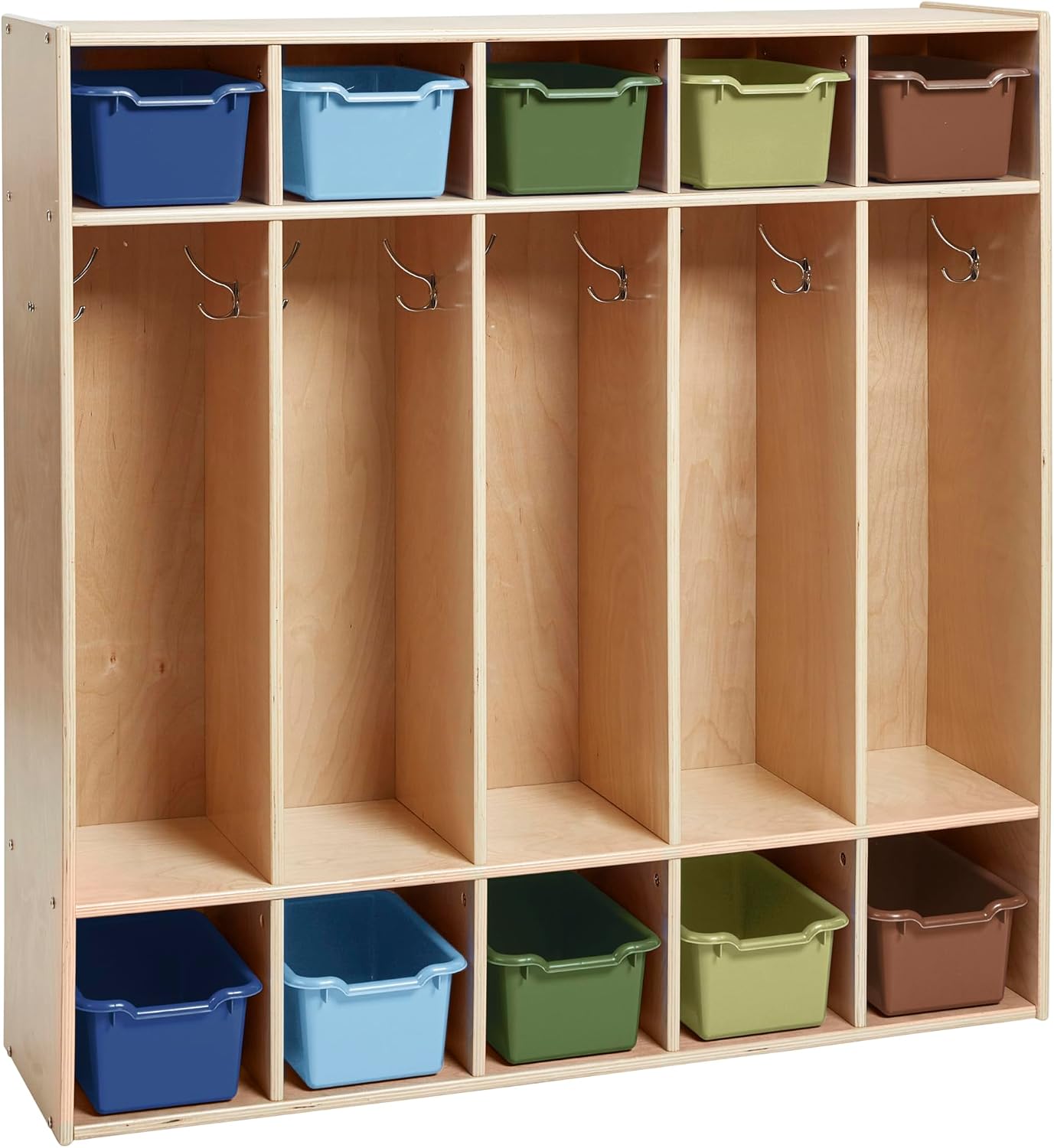 ECR4Kids Streamline 5-Section Coat Locker and 10 Scoop Front Bins, Kids Furniture, Earthtone