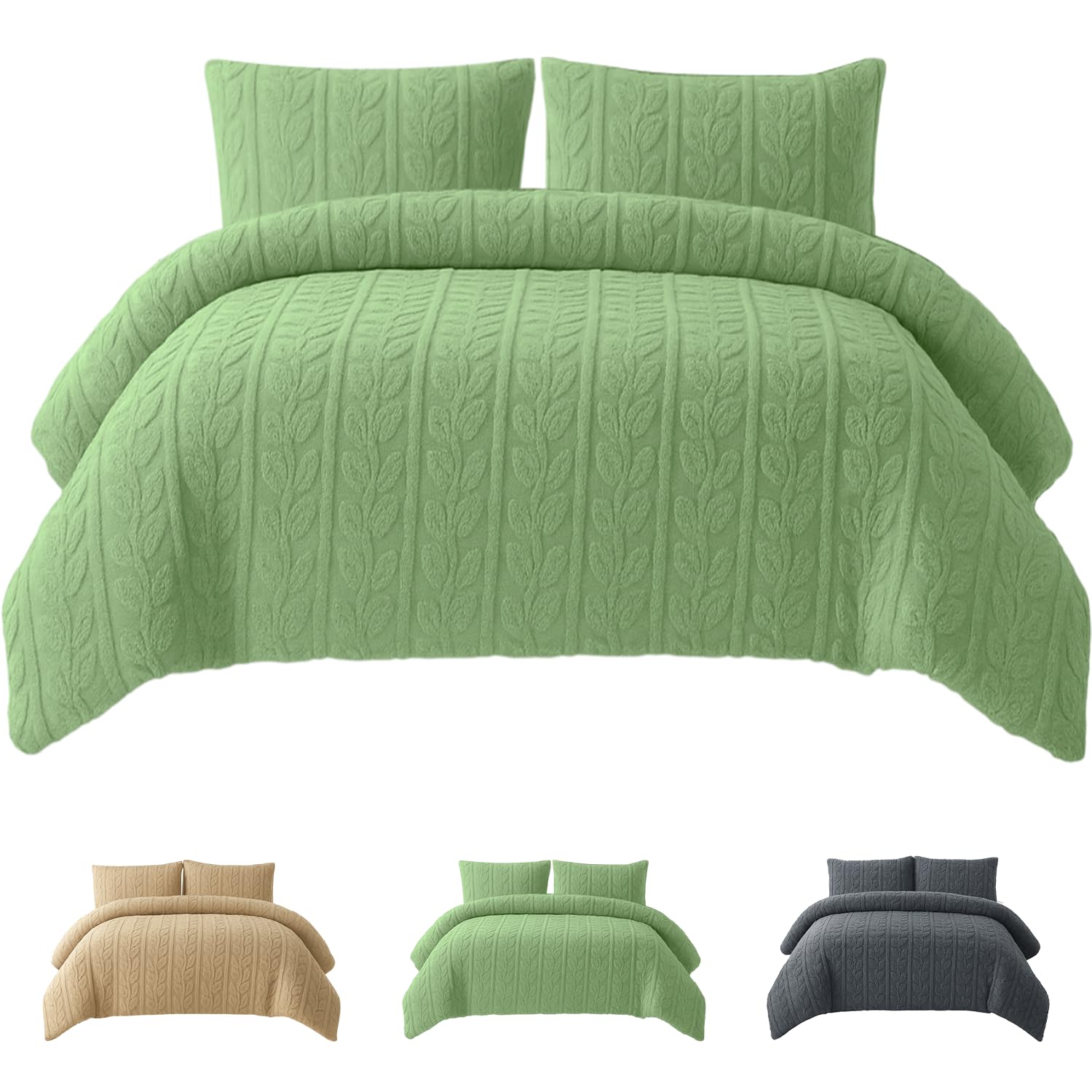 Rohi Green Teddy Fleece Duvet Cover Set Super King – Soft & Cozy Bedding with Leaves Design Matching Pillowcases - Thermal Warmth Hypoallergenic & Breathable Quilt Cover Set Super King (260 x 220cm)