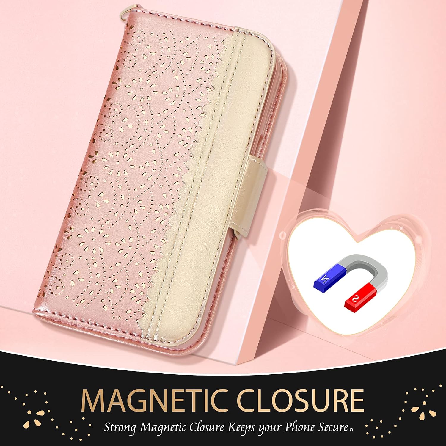 WWW Designed for iPhone 13 Pro Max Case (6.7" 2021) / Designed for iPhone 13 Pro Max Wallet Case,[Romantic Carved Flower] Wallet Case with [Makeup Mirror] [Kickstand] for iPhone 13 Pro Max, Rose Gold