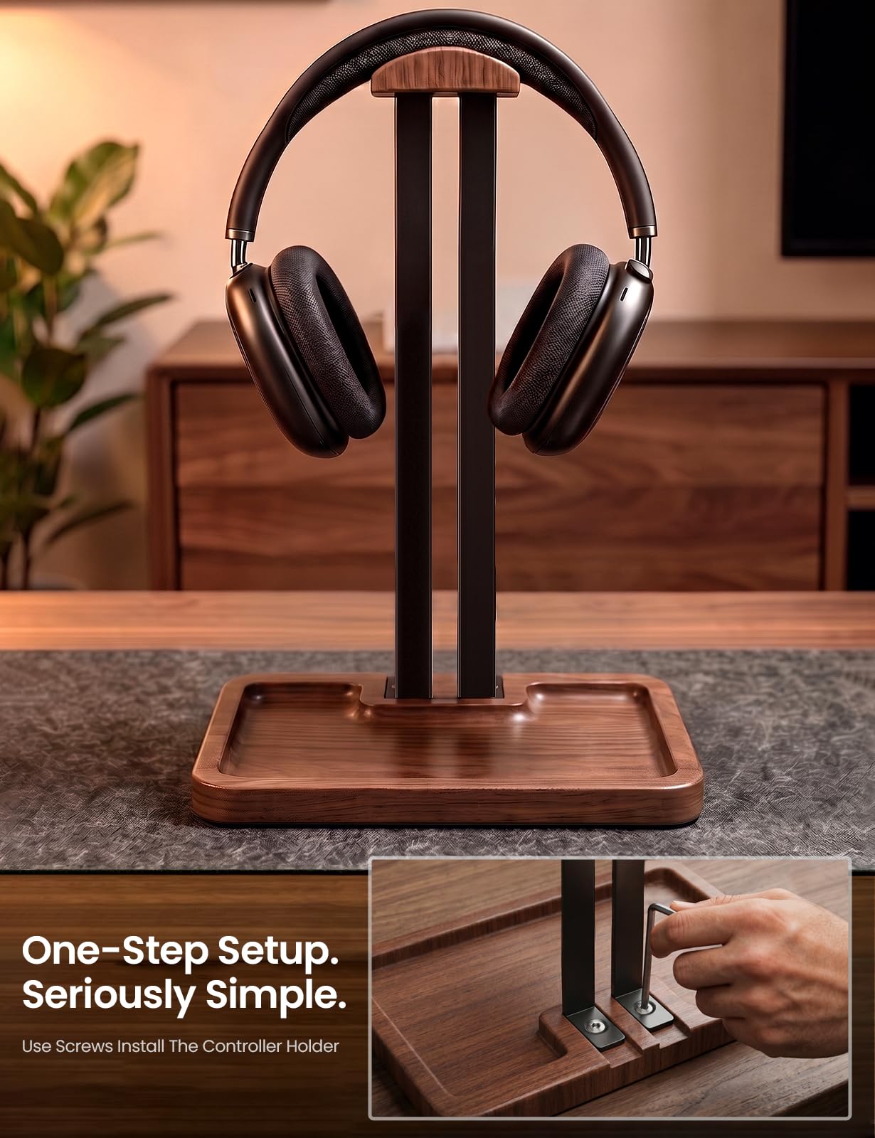LOXP Supporto per cuffie e controller in noce, 2 in 1, in legno massello, con base di stoccaggio, adatto per controller Xbox PS5, organizer da scrivania per giocatori