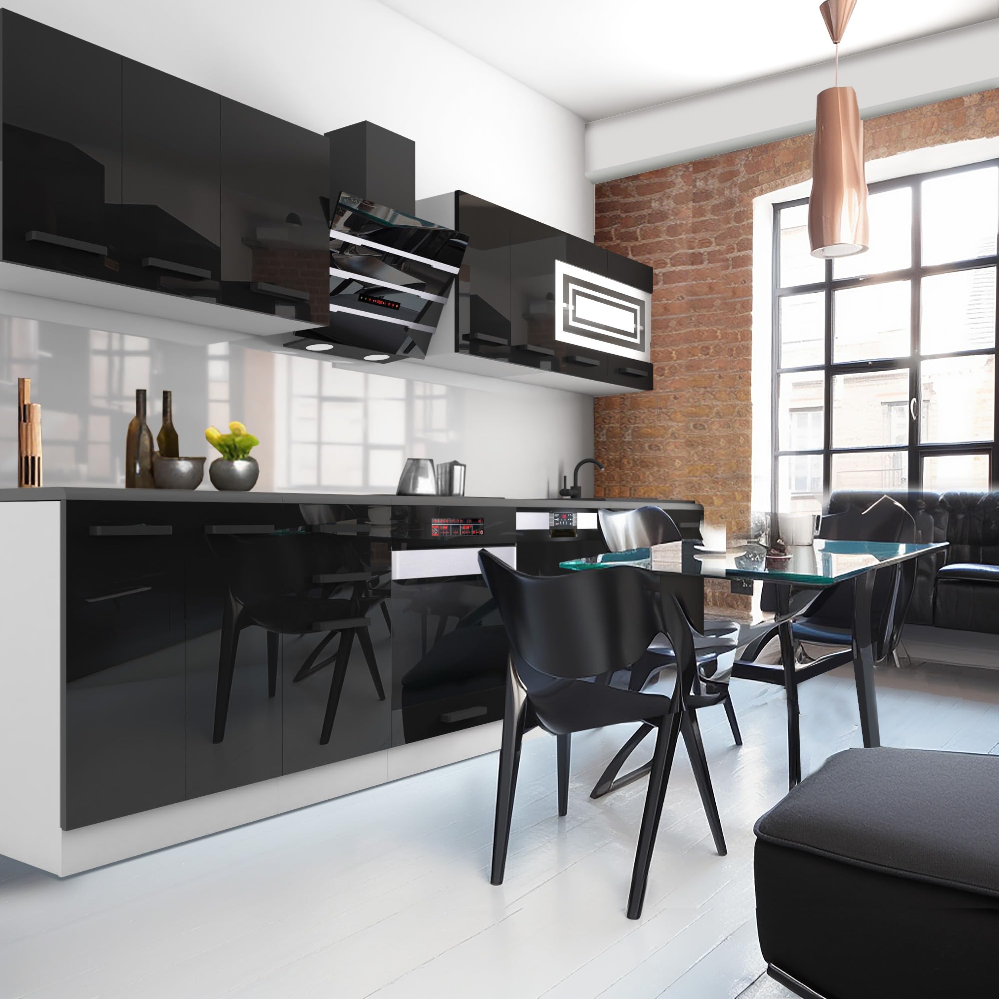 BELINI Cuisine 300 cm Lucy, sans Plan de Travail, Noir Très Brillant | Cuisine Équipée Lucy 300 cm, Meubles de Cuisine Sans Plan de Travail, Rangement et Buffet