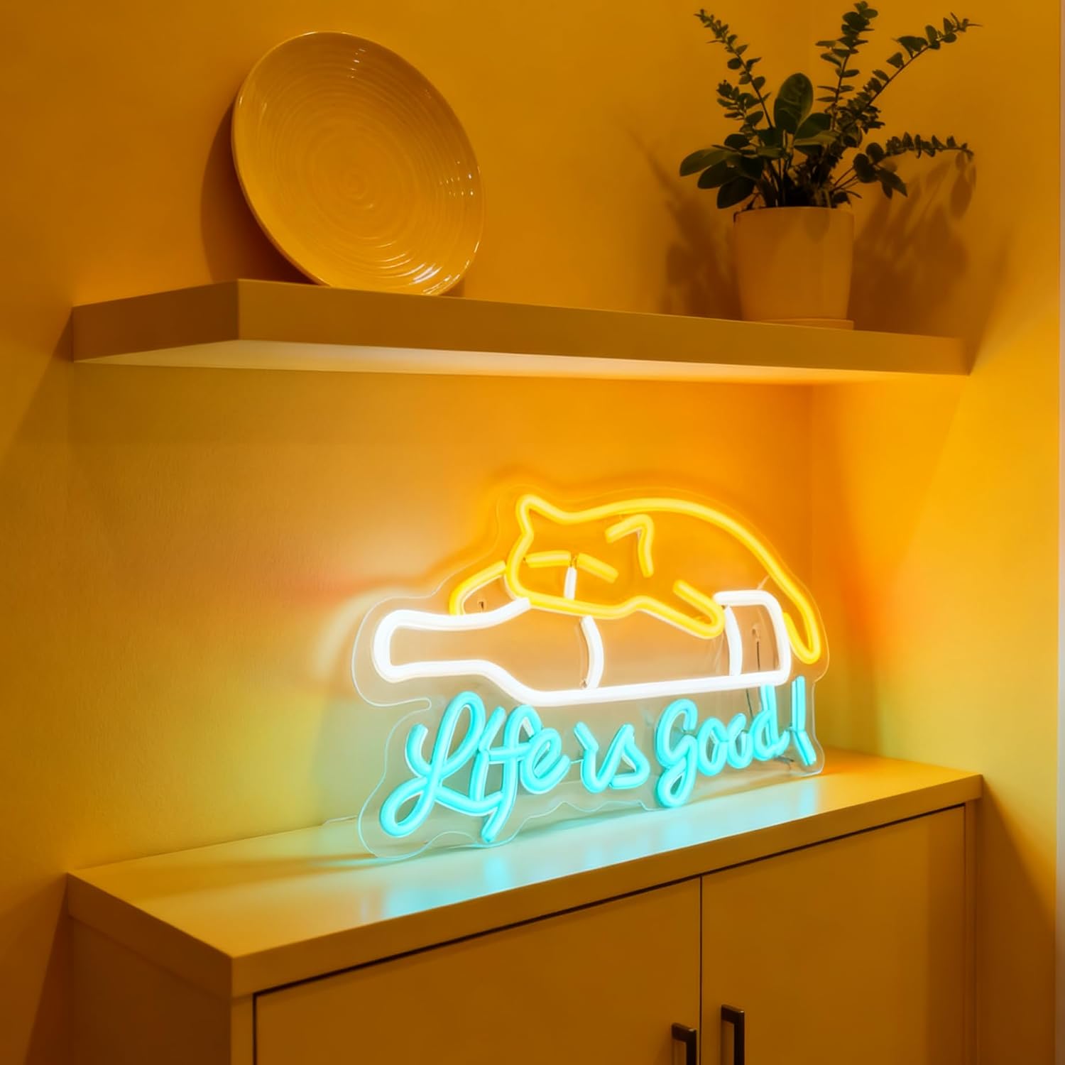 Life is Good Neon Sign - USB Powered Wall Table Decor for Bedroom Living Room Relaxation Space Party, Cat Shaped LED Neon Light Room Decoration, 15 x 9.4 In image 4