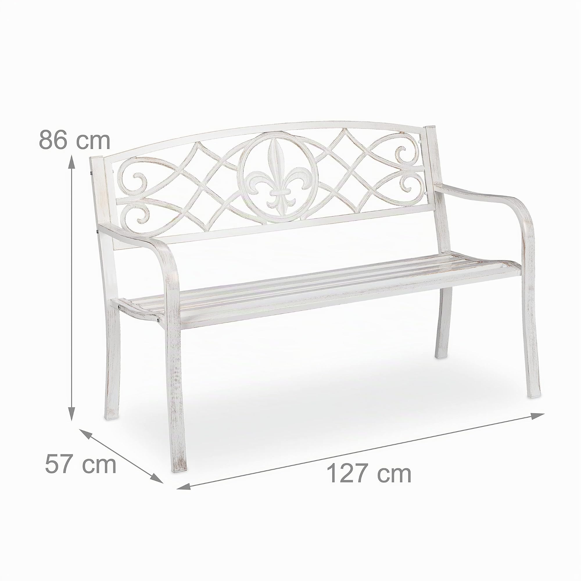 Relaxdays Banco Jardín, Banco Parque Metal, Asiento Respaldo de Hierro Fundido, Exterior, 86x127x57 cm, Blanco y Bronce