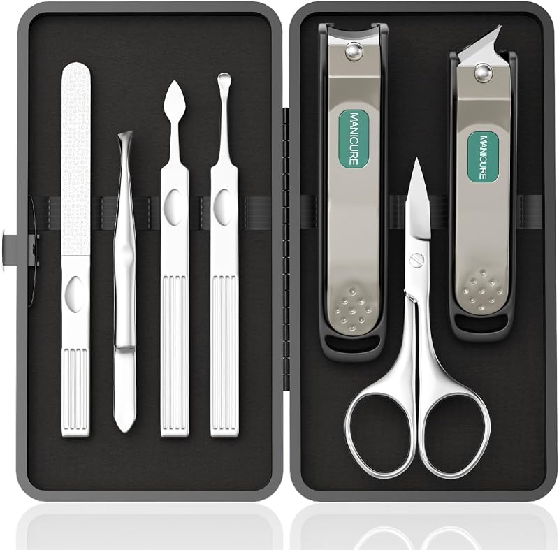 Professional Manicure Set for Men & Women, 7-Piece Stainless Steel Nail Grooming Kit with Large Nail Clippers, Travel Manicure Kit in Black PU Leather Case