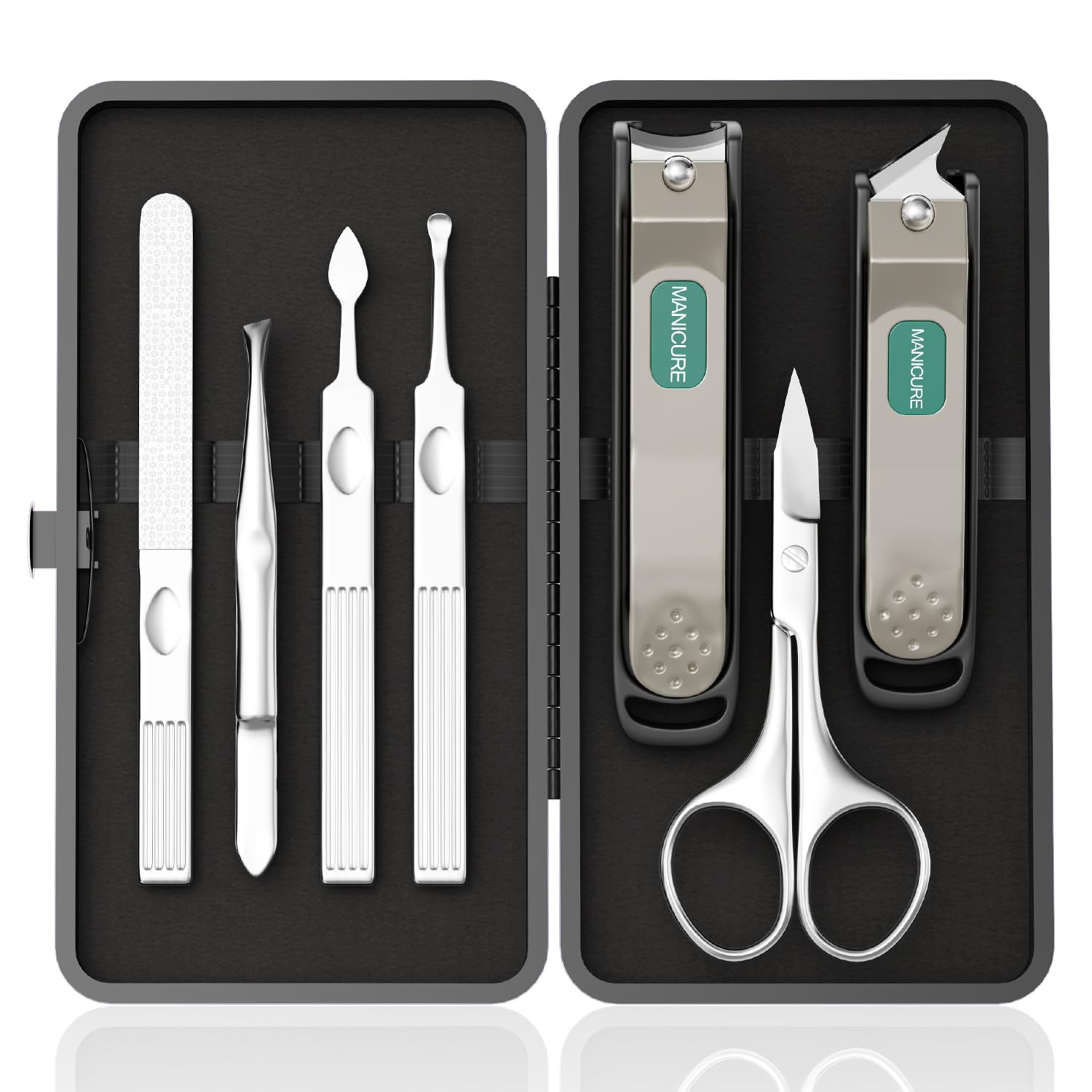 Set manicure professionale per uomini e donne, kit da 7 pezzi in acciaio inox con tagliaunghie grande, kit manicure da viaggio in custodia in pelle PU nera