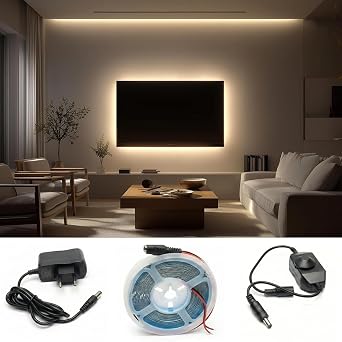 5 Meters Daylight Strip Led Flip Switch Plug Run Ready Set Adapter Included, On-Off, Brightness Adjustable, Kitchen, Countertop, Cabinet interior, Mirror, TV Unit Lighting [Energy Class A]