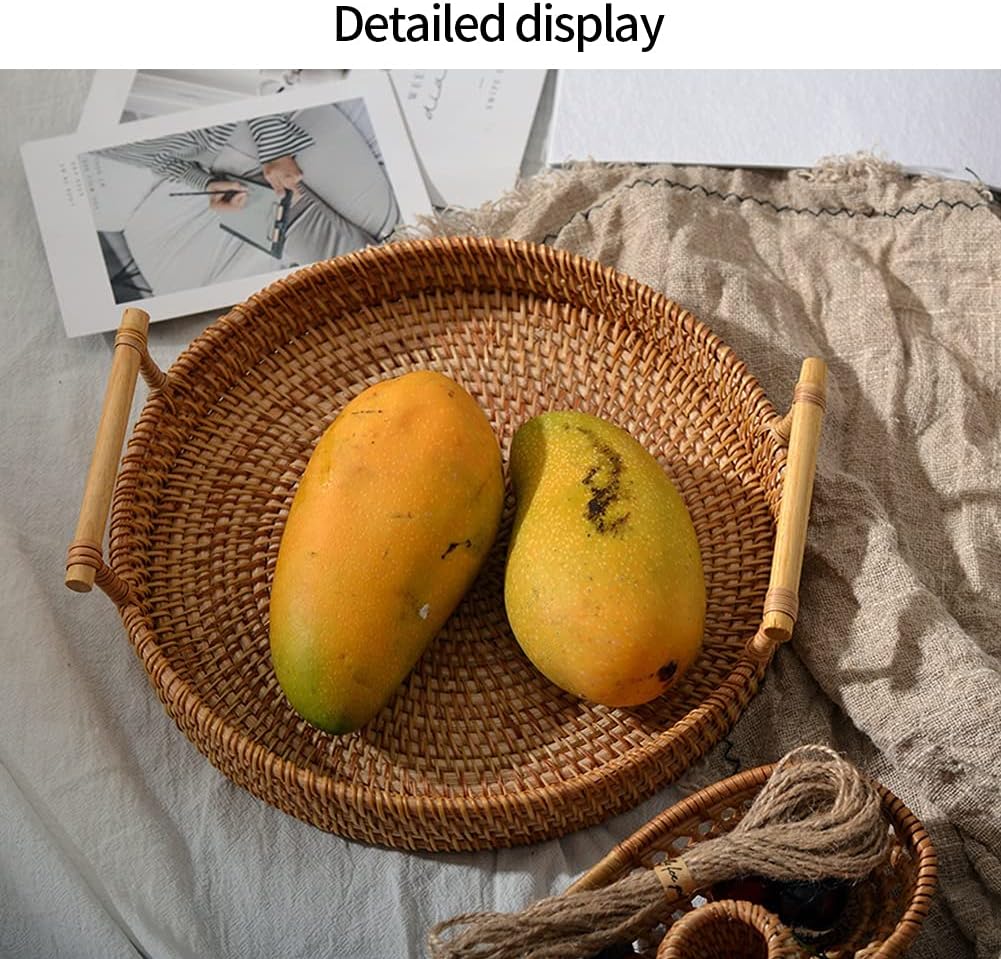 FMURY Round Rattan Storage Tray Hand-Woven Wicker Basket with Handle for Bread Fruit Food Breakfast Display Storage Baskets