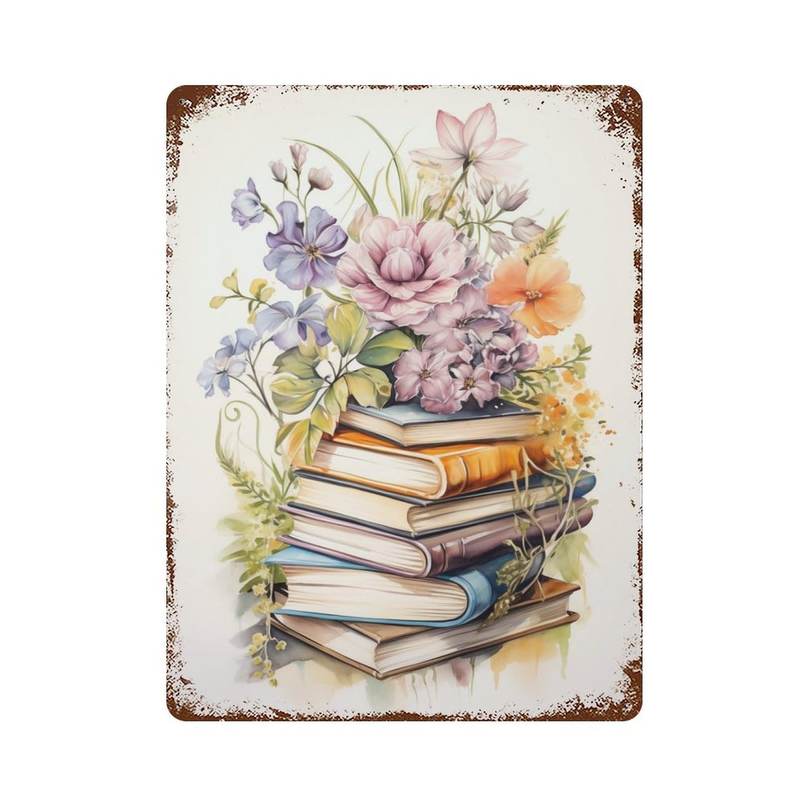 Books Watercolor Rusty Metal Tin Sign 15.7"x11.8", for Basement, Hobby Room And Garage Decor, Retro Wall Decor