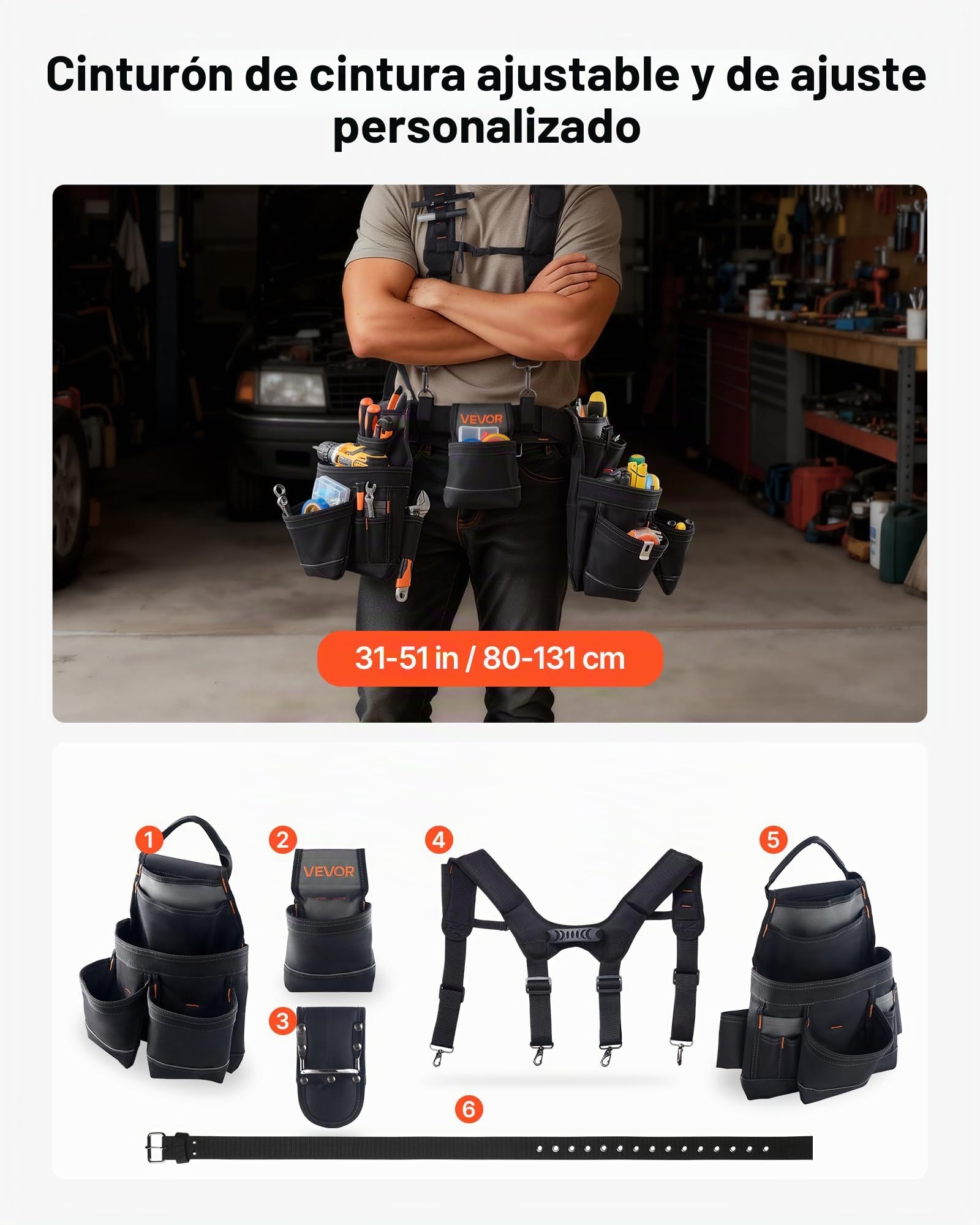 VEVOR Cinturón Portaherramientas para Profesionales, con 19 Bolsillos y Tirantes, para Electricistas, Carpinteros y Trabajadores de la Construcción, Ajustable de 800 a 1310 mm, Poliéster 600D